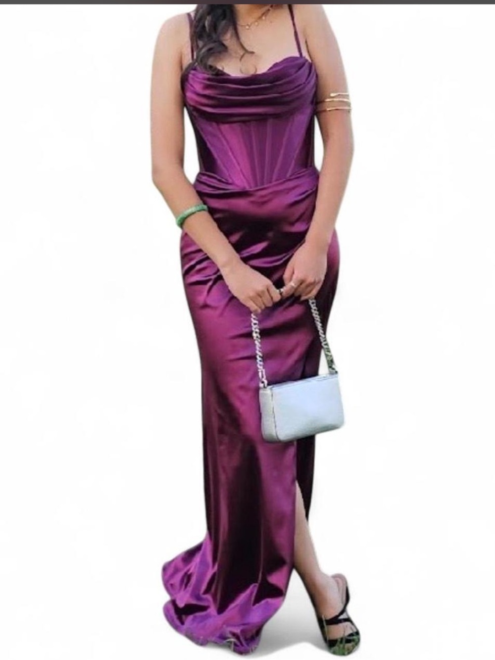 Amoris wine colored satin corset string maxi dress with slit, size XS